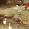 Девочка в парке смотрит на уточек в речке