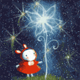 Маленькая девочка и волшебный цветок на фоне ночного неба...