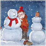 Мальчик обнимает снеговика