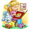 Девочка читаем книгу, рядом игрушки