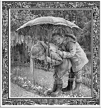 Дети прячутся от дождя под зонтом