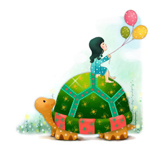 Девочка, сидя на большой черепахе, держит воздушные шарики