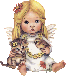 Девчушка-ангелок с птичкой и котенком