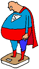 Толстый супермен и весы. С таким весом не полетишь