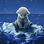 Белый медвежонок сидит на льдине на фоне звездного неба