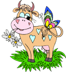 Коровка на лугу с бабочкой на хвосте