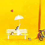 Девочка в парке с зонтком, рядом стоит велосипед, с неба ...