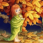 Девочка укрылась листиком стоя возле жёлтых листьев