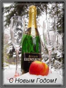  С Новым <b>годом</b>! Шампанское и яблоко на снегу 