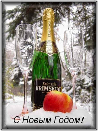 С Новым годом! Шампанское и яблоко на снегу