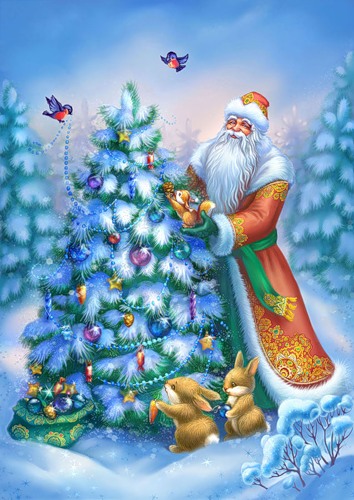 С Новым годом! Дед Мороз украшает елочку в лесу