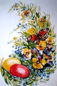  Красивая картина к <b>Пасхе</b>. Яички, цветы, бабочка 