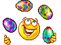 Смайлик красиво жонглирует разноцветными яйцами