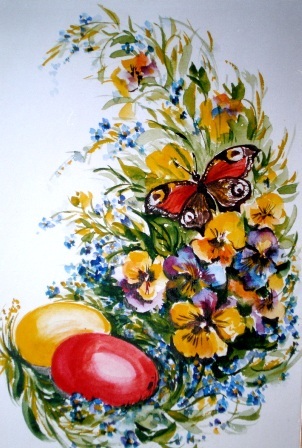 Красивая картина к Пасхе. Яички, цветы, бабочка