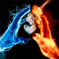 Рука пламени и воды по обе стороны сердечка из дыма