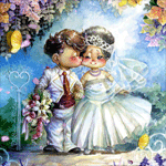 Жених и невеста, осыпаемые лепестками цветов
