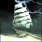  <b>Корабль</b> плывет по морским волнам во время шторма 