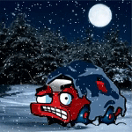 Дрожащая от холода в сильный снегопад красная машина