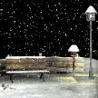  Пустая скамейка в парке, идёт снег, сквозь <b>него</b> просвечив... 