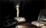  <b>Горящая</b> свеча , рядом электронные часы 
