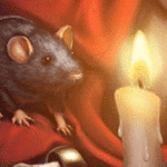 Черный мышонок смотрит на пламя горящей свечи