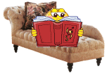 Смайлик читает книжку на диванчике