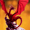Красный дракон на скале на фоне пламени