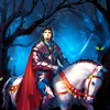  <b>Рыцарь</b> в красном плаще на белом коне в сумрачном лесу 