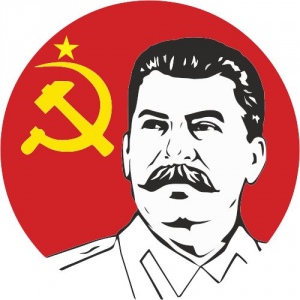 Сталин на фоне красного знамени с серпом и молотом