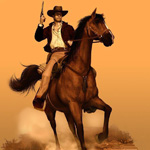 Неуловимый джо с пистолетом в шляпе на коне на оранжевом ...