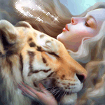Девушка сдувает волшебную пыль над головой у тигра